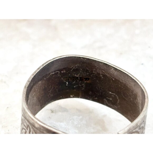 Floral Hand Carved Cigar Banded 925 Sterling Silver Vintage Ring - sz 9 - Picture 7 of 11